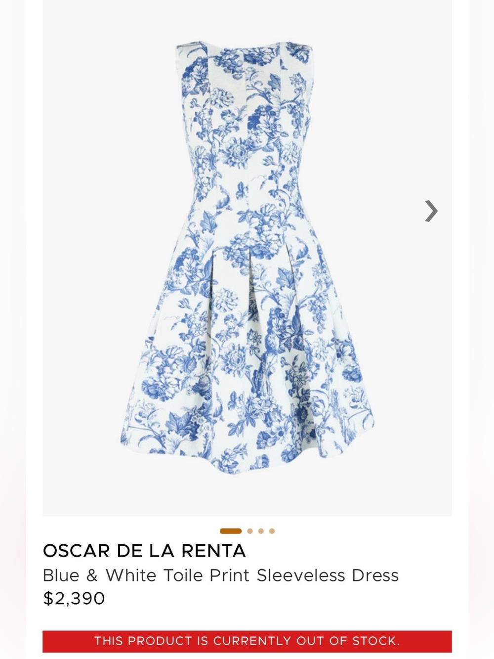 $2,400 OSCAR DE LA RENTA 
Toile Floral Blue and White Sleeveless Dress